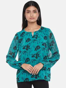 Annabelle by Pantaloons Women Turquoise Blue Floral Print Keyhole Neck Top
