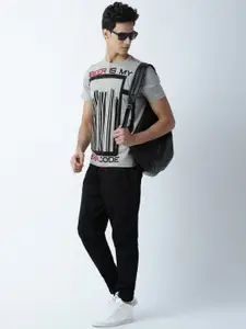 Huetrap Men Grey Melange Printed Round Neck T-shirt
