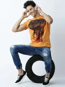 Huetrap Men Orange Printed Round Neck T-shirt