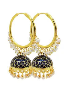 FEMMIBELLA Gold-Plated Pearls Studded Navy Blue Enamelled Classic Jhumkas Earrings
