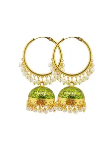 FEMMIBELLA Women Green & Gold-Toned Pearl Hoop Earrings