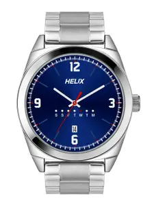 Helix Men Blue Brass Dial & Silver Toned Stainless Steel Bracelet Style Straps Analogue Watch