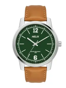 Helix Men Green Brass Dial & Brown Leather Straps Analogue Watch