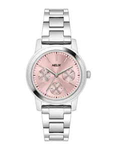 Helix Women Pink Brass Dial & Silver Toned Stainless Steel Bracelet Style Straps Analogue Watch