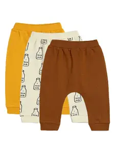 MINI KLUB Infant Boys Pack of 3 Yellow & Brown Graphic Printed Pure Cotton joggers