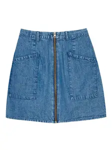 Budding Bees Girls Denim Side Pocket Skirt With Zipper Opening-Blue