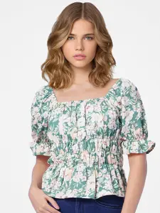 ONLY Green Floral Print Cinched Waist Top