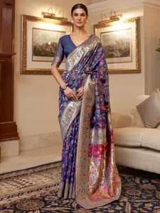 Mitera Navy Blue & Gold-Toned Woven Design Zari Silk Blend Paithani Saree
