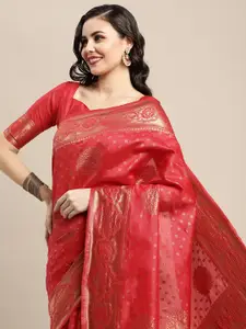 Saree mall Women Red & Gold-Toned Woven Design Zari Silk Blend Banarasi Sarees
