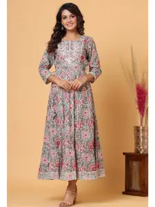 KAAJH Grey & Pink Cotton Round Neck Embroidered Floral Ethnic Dress