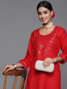 Indo Era Women Red Ethnic Motifs Embroidered Kurta