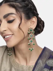 I Jewels Green Gold Plated Kundan & Faux Pearl Stone Studded Floral Drop Earrings