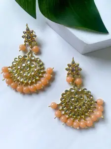 I Jewels Peach-Coloured Gold Plated Kundan & Faux Pearl Studded Chandbali Earrings
