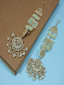 I Jewels Green & White Gold Plated Matte Finish Kundan and Faux Pearl Work Drop Earrings