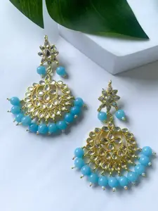 I Jewels Turquoise Blue Gold Plated Kundan & Faux Pearl Studded Chandbali Earrings