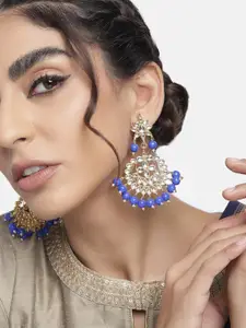 I Jewels Blue Gold Plated Kundan & Faux Pearl Studded Chandbali Earrings