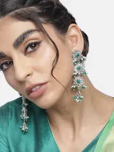 I Jewels Green & Silver-Toned Classic Drop Earrings