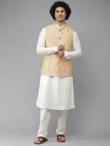 See Designs Men White & Golden Solid Pure Silk Kurta with Pyjamas & Nehru Jacket