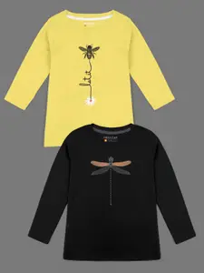 HELLCAT Girls Pack of 2 Yellow & Black Printed Bio Finish CottonT-shirt