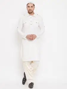 VASTRAMAY Men Cream-Coloured Pathani Kurta with Salwar