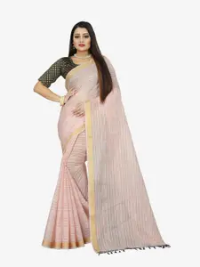 Indian Fashionista Pink & Gold-Toned Striped Zari  Baluchari Saree