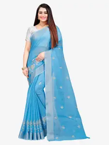 Indian Fashionista Turquoise Blue & Silver-Toned Floral Embroidered Silk Cotton Mysore Silk Saree