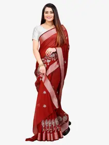Indian Fashionista Red & Silver-Toned Kalamkari Embroidered Silk Cotton Mysore Silk Saree