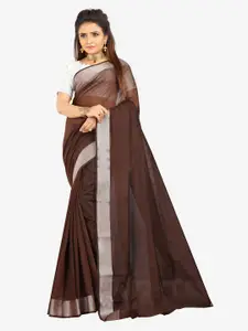 Indian Fashionista Brown & Silver-Toned Zari Silk Cotton  Mysore Silk Saree