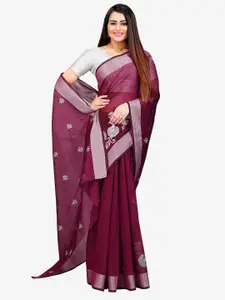 Indian Fashionista Purple & Silver-Toned Kalamkari Embroidered Silk Cotton Mysore Silk Saree