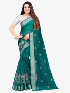 Indian Fashionista Fluorescent Green & Silver-Toned Kalamkari Embroidered Silk Cotton Mysore Silk Saree