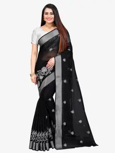 Indian Fashionista Black & Silver-Toned Kalamkari Embroidered Silk Cotton Mysore Silk Saree