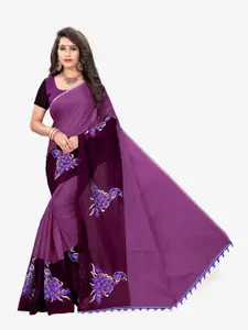 Indian Fashionista Purple & Blue Batik Embroidered  Chanderi Saree