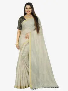 Indian Fashionista Cream-Coloured & Gold-Toned Striped Zari  Baluchari Saree