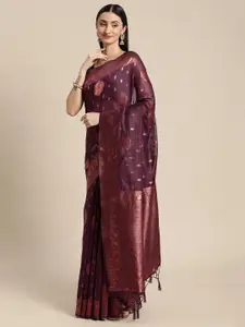 Mitera Purple & Copper-Toned Woven Design Silk Cotton Banarasi Saree