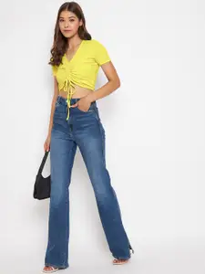 Uptownie Lite Yellow Stretchable Front Drawstring Ruched Crop Top