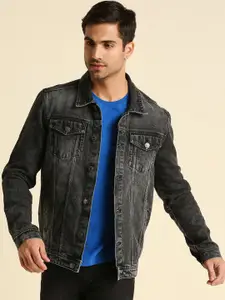 High Star Men Charcoal Washed Denim Spread Collar Jacket