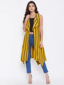 Hypernation Women Yellow & Black Cotton Striped Longline Shrug