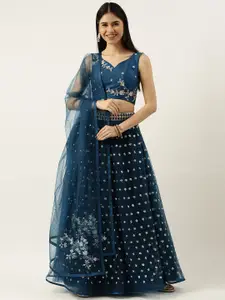 panchhi Teal Blue Embroidered Sequinned Semi-Stitched Lehenga Set
