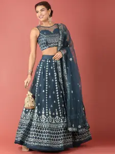 panchhi Navy Blue Embroidered Sequinned Semi-Stitched Lehenga Set