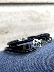 UNIVERSITY TRENDZ Men Black & Silver-Toned Leather Multistrand Bracelet