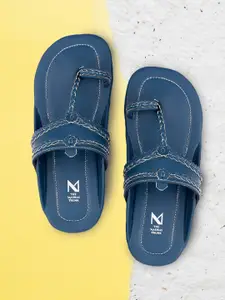 THE MADRAS TRUNK Men Navy Blue Kolhapuris Printed One Toe Comfort Sandals With Embroidered