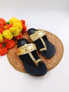 POSTCARD Women Black & Gold-Toned Braided Ethnic Kolhapuri One Toe Flats