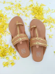 POSTCARD Women Tan & Gold-Toned Braided Ethnic Kolhapuri One Toe Flats