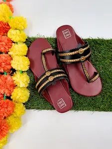 POSTCARD Kolhapuris Maroon & Black Braided One Toe Kolhapuri Flats