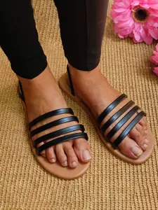 POSTCARD Women Tan & Black Leather Open Toe Flats