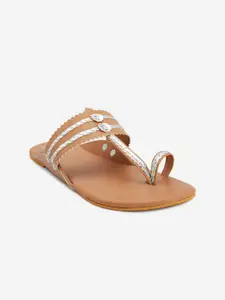 POSTCARD Women Tan Striped One Toe Flats