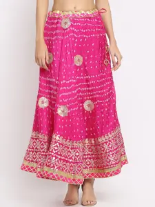 SOUNDARYA Women Pink Printed Art Silk Gota Patti Flared Maxi Skirt