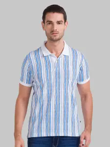 Parx Men White Striped Polo Collar T-shirt