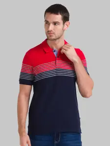 Parx Men Red Striped Polo Collar Applique T-shirt
