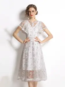 JC Collection Women White Floral Formal Midi Flared Short Sleeves  Dress